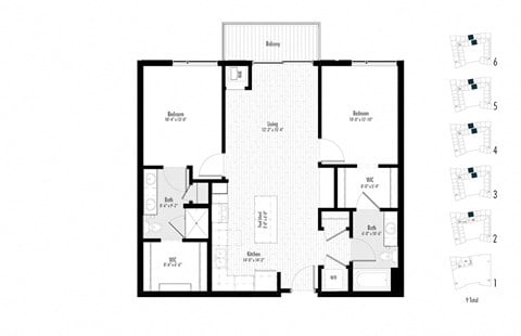 Floor plan for 2 beds, 2 baths, 1049 sqft